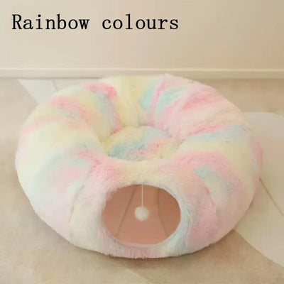 Long Plush Cat Bed and Cat Tunnel, Four Seasons Warm, Creative Design Foldable Pet Bed, Suitable for Cats and Dogs