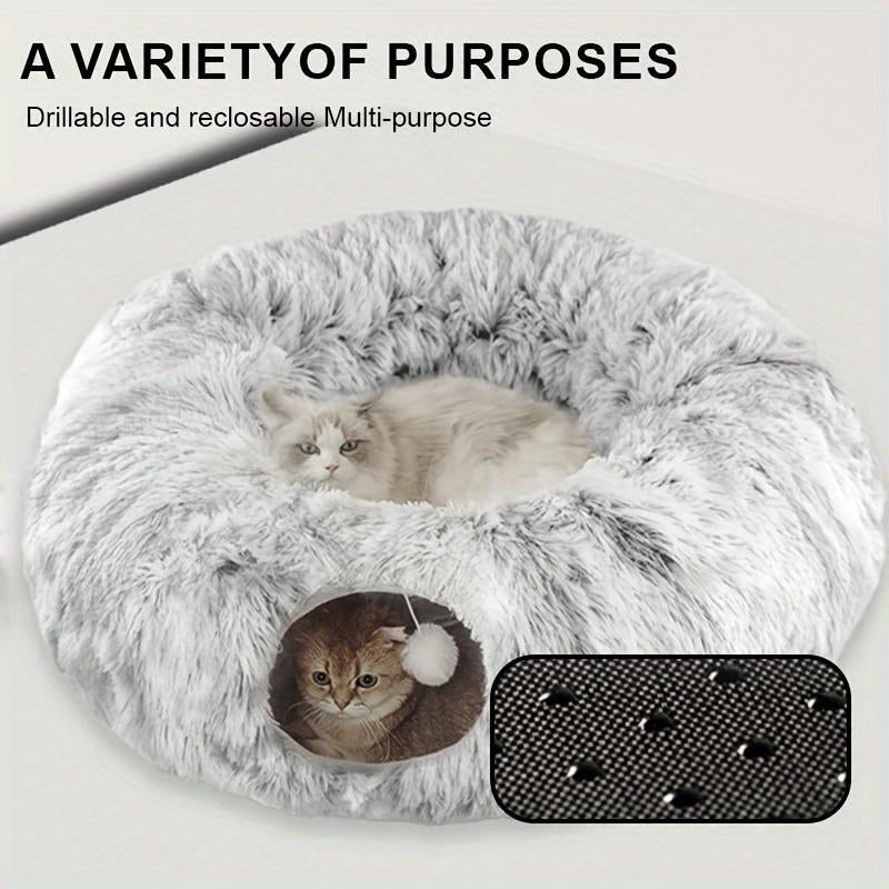 Long Plush Cat Bed and Cat Tunnel, Four Seasons Warm, Creative Design Foldable Pet Bed, Suitable for Cats and Dogs