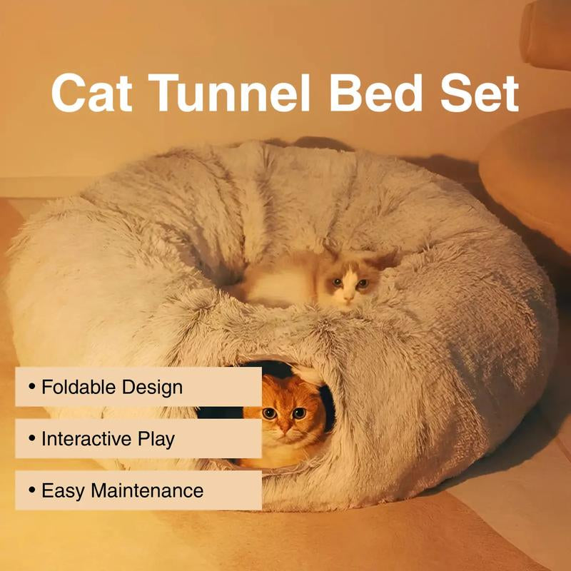 Winter Warm Pet Bed, 2 in 1 Foldable Cat Tunnel Cat Bed, Warm Plush Cat Bed with Hanging Ball & Tunnel Buckle, Pet Supplies for Indoor Outdoor Use