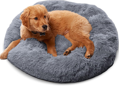 Premium Small Donut Dog Bed, Fits up to 45 Lbs, Removable Cover & Washable Cushion, Plush Long Pile Faux Fur Fabric, Portable Dark Grey Pet Bed Furniture for Puppies Adult Canines & Cats