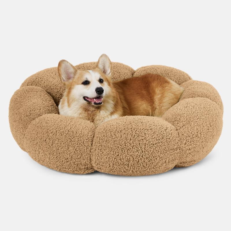 Lesure Calming Flower Bed - Flower Donut round Fluffy Puppy Bed in Plush Teddy Sherpa, Non-Slip Cute Flower Beds for Indoor, Machine Washable Dog Furniture Pet Supplies