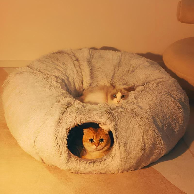 Winter Warm Pet Bed, 2 in 1 Foldable Cat Tunnel Cat Bed, Warm Plush Cat Bed with Hanging Ball & Tunnel Buckle, Pet Supplies for Indoor Outdoor Use