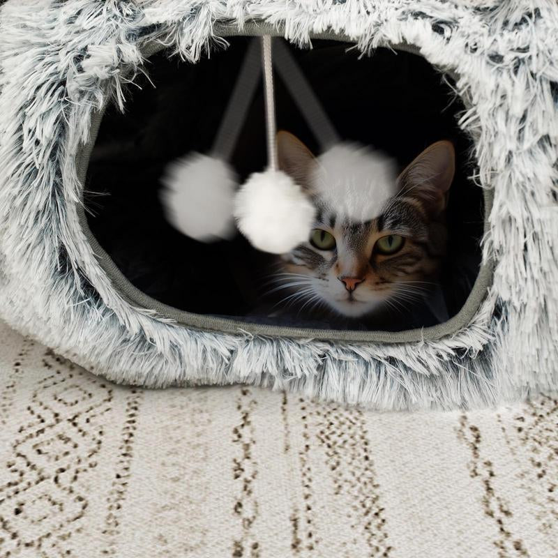 Winter Warm Pet Bed, 2 in 1 Foldable Cat Tunnel Cat Bed, Warm Plush Cat Bed with Hanging Ball & Tunnel Buckle, Pet Supplies for Indoor Outdoor Use