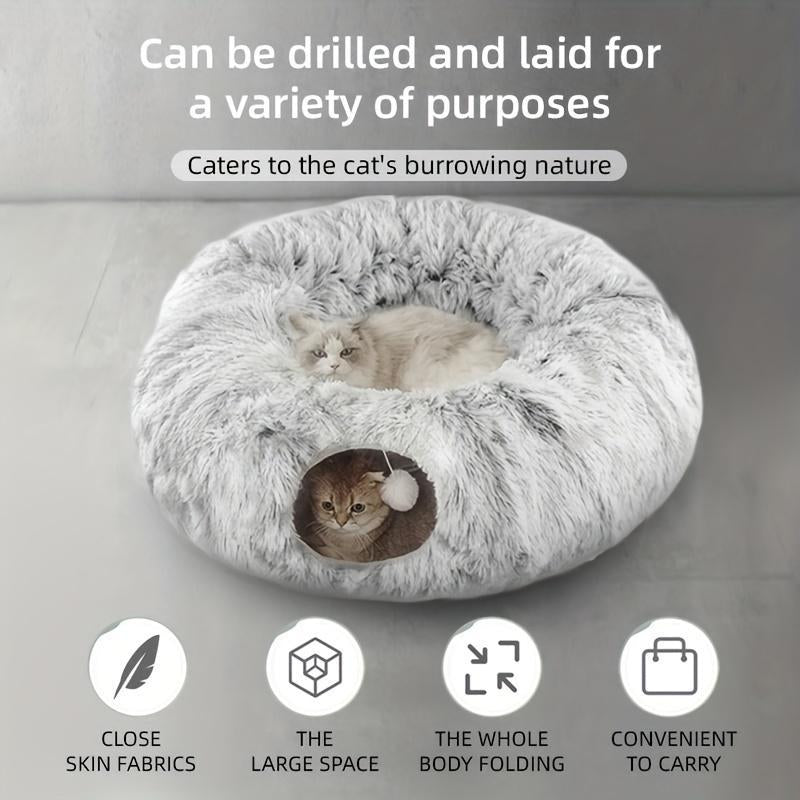 Long Plush Cat Bed and Cat Tunnel, Four Seasons Warm, Creative Design Foldable Pet Bed, Suitable for Cats and Dogs