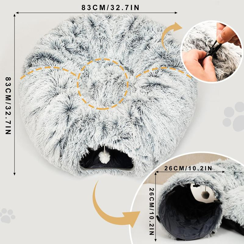 Winter Warm Pet Bed, 2 in 1 Foldable Cat Tunnel Cat Bed, Warm Plush Cat Bed with Hanging Ball & Tunnel Buckle, Pet Supplies for Indoor Outdoor Use