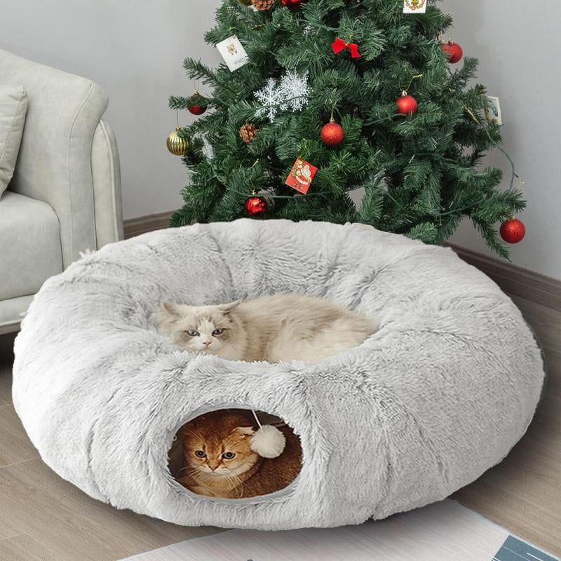 Long Plush Cat Bed and Cat Tunnel, Four Seasons Warm, Creative Design Foldable Pet Bed, Suitable for Cats and Dogs