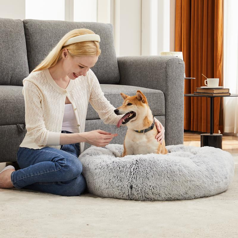Pettrove Calming Dog Bed for Dogs and Cats, Washable Small Pet Bed, Anti-Slip round Fluffy Plush Faux Fur