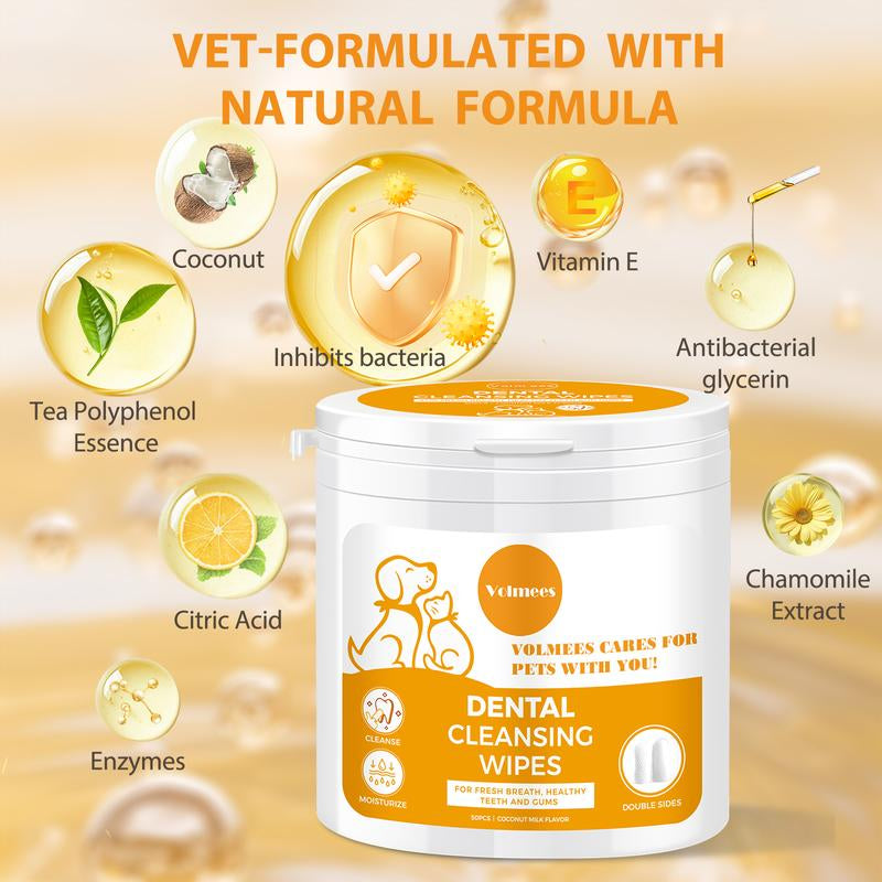 Volmees 50 PCS Pet Dental Finger Wipes for Dogs & Cats, Dog Dental Care Wipes, Reduce Plaque & Tartar Buildup, Freshen Breath