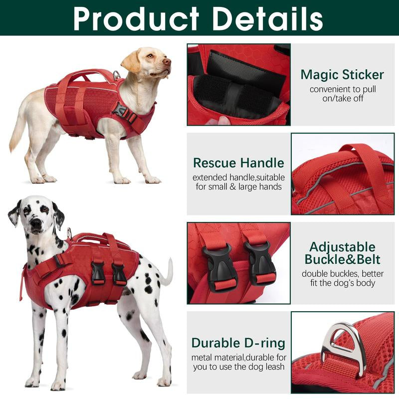 Kuoser Ripstop Dog Life Jacket High Buoyancy Reflective Dog Life Vest for Swimming, Boating, Adjustable Small to Large, Lightweight Design