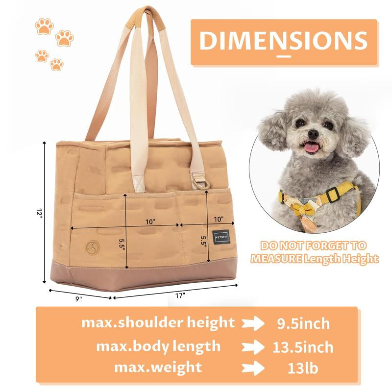 Petsfit Small Dog Carrier Purse, Portable Pet Carrier Tote Cat Carrier with Pockets, Adjustable Safety Leash, Poop Dispenser, Waterproof TPU Bottom,Khaki